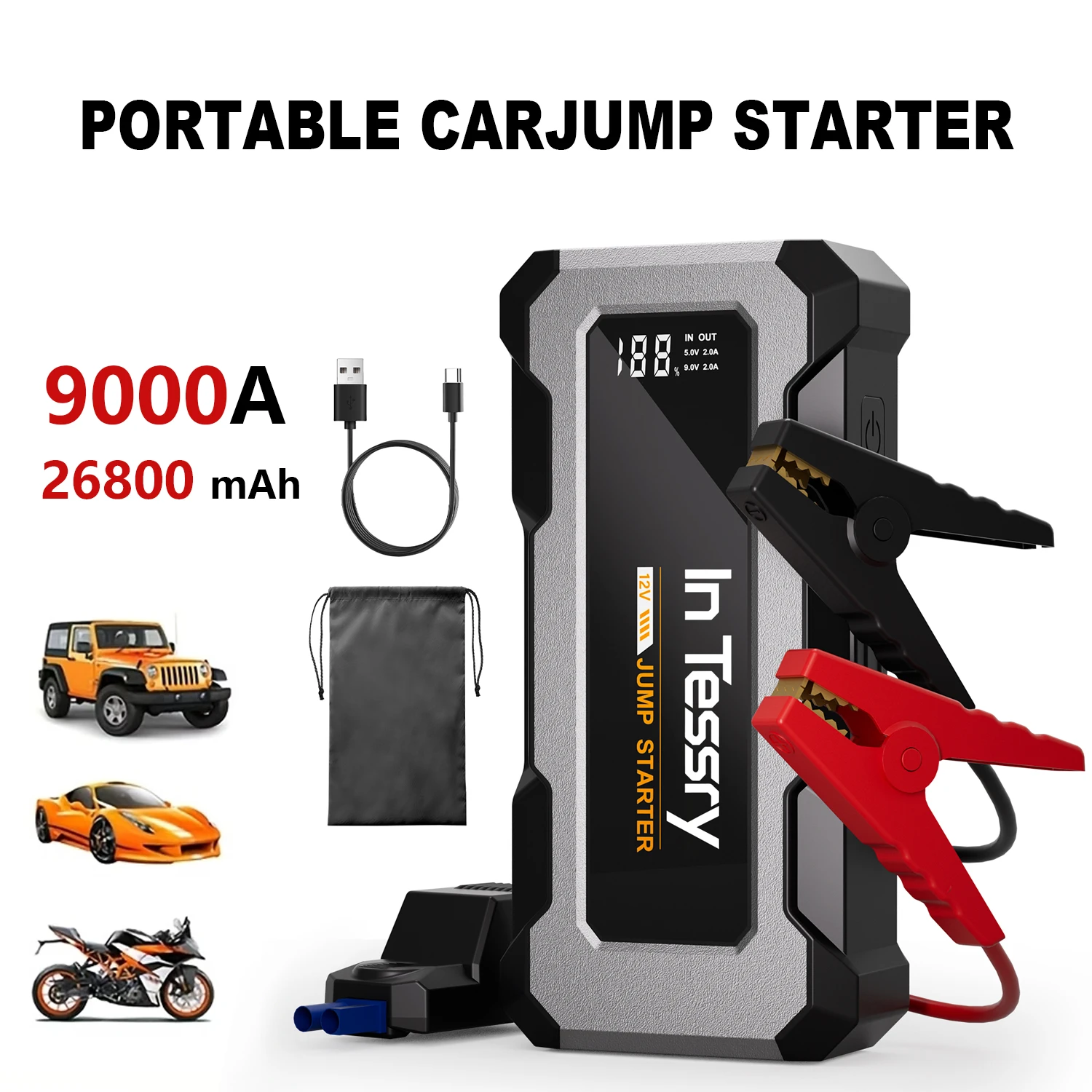 Image of 9000A Peak 12V Auto-Starthilfe, Batterie-Booster-Pack, Powerbank, Stromversorgung, Notfall-Werkzeugset für Pannenhilfe, integrierte 3-Modus-LED-Leuchte (geeignet für 9.0-Liter-Benzin- oder