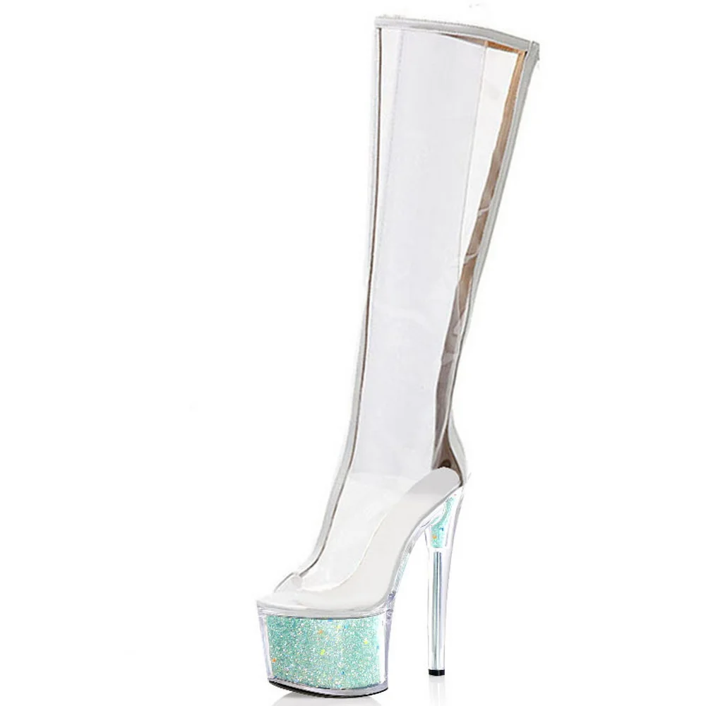 

FHC 17cm Crystal Heel Women Knee High Boots,Transparent PVC Long Botas,Sexy Pole Dance Shoes ,Round Toe,Back Zip,35-46,Dropship