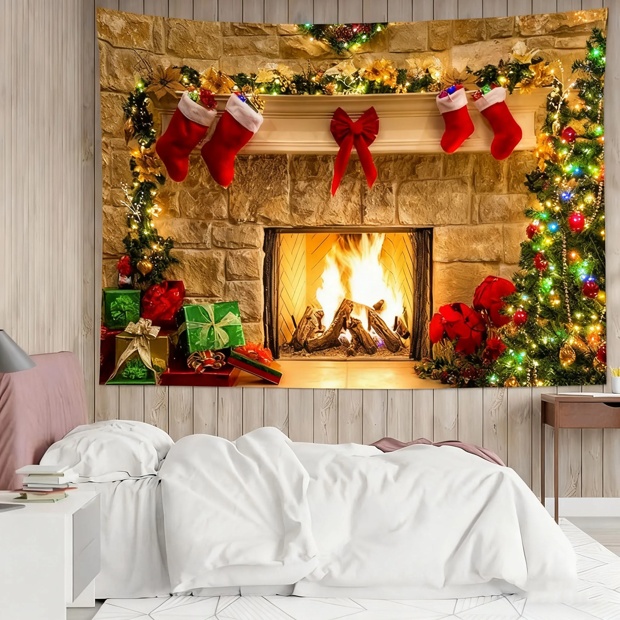1pc Christmas Decoration Tapestry Christmas Fireplace Christmas tree Tapestry Christmas Shooting Background Cloth Tapestry