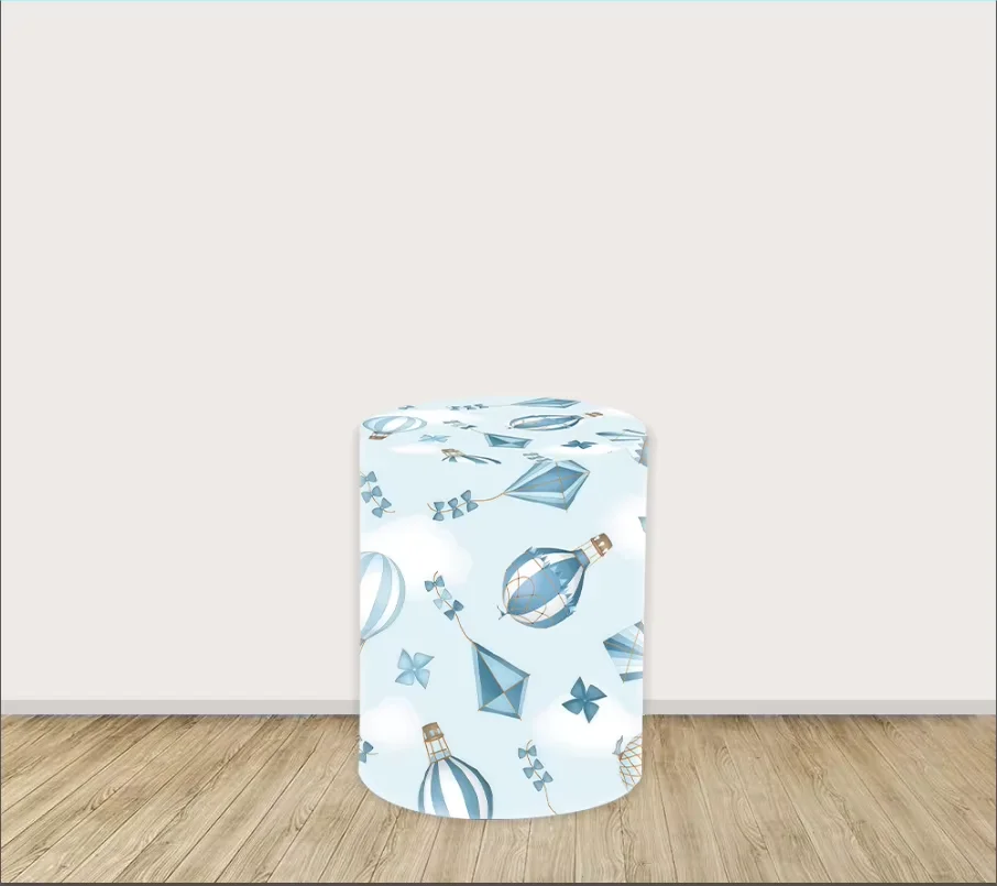 Mehofond Custom Cylinder Cover Backdrop Cute Bear Hot Air Balloon boy Birthday Party Plinths Pedestal Background Decor Elastic