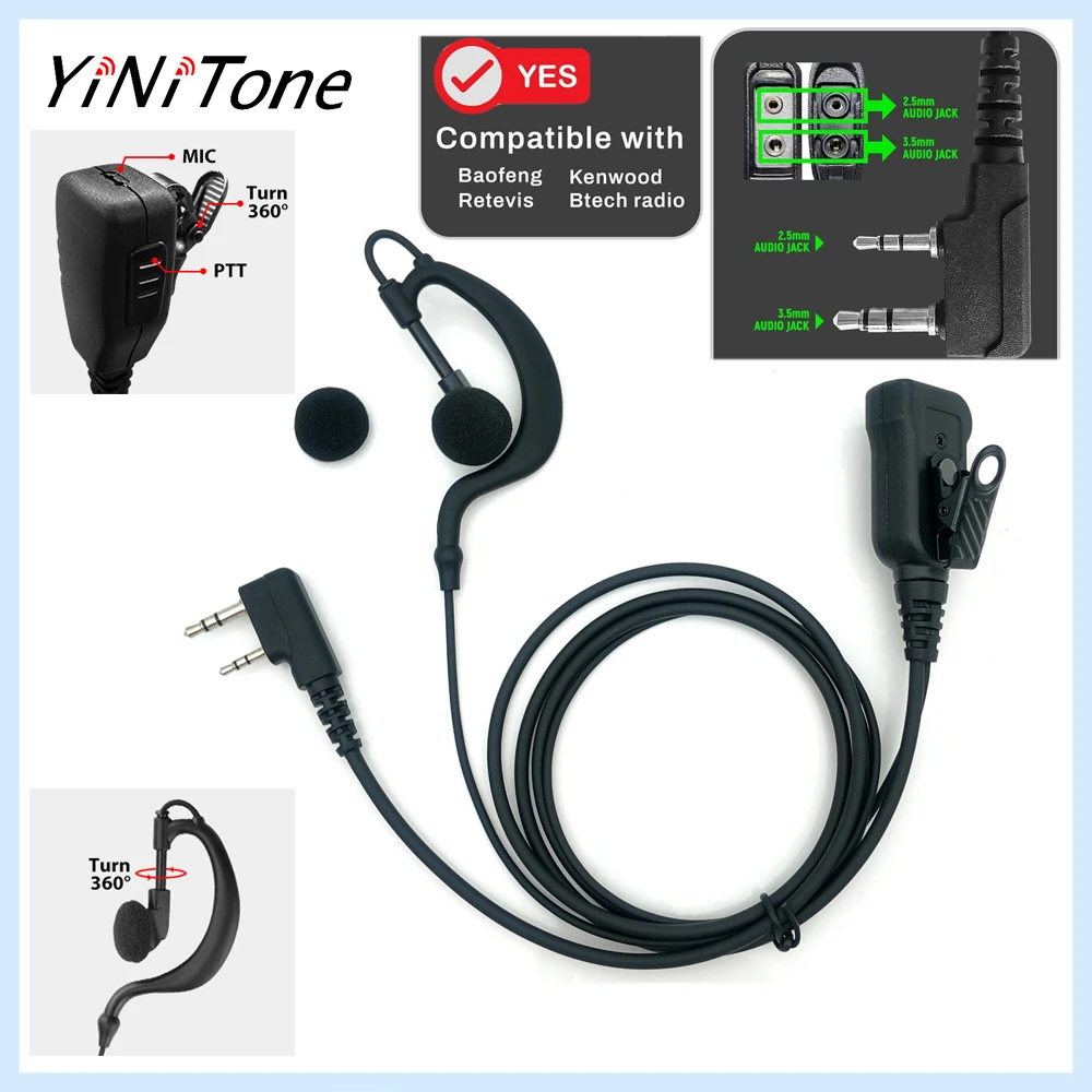 

YiNiTone EAP-1B G-Style Ear Hook Headset with Push-to-Talk, 2-Pin Plug Fits for Kenwood TK Series & BaoFeng Radios
