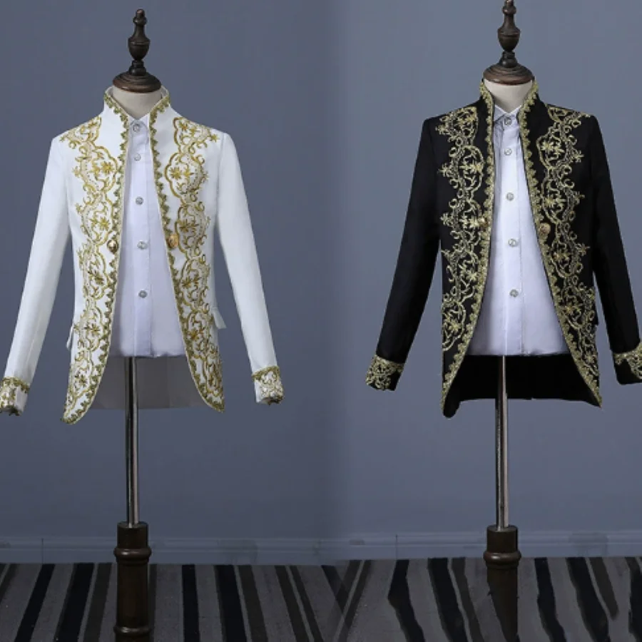 

European temperament versatile gold retro European men's tailcoat studio three piece set, black opera stage performance costume,