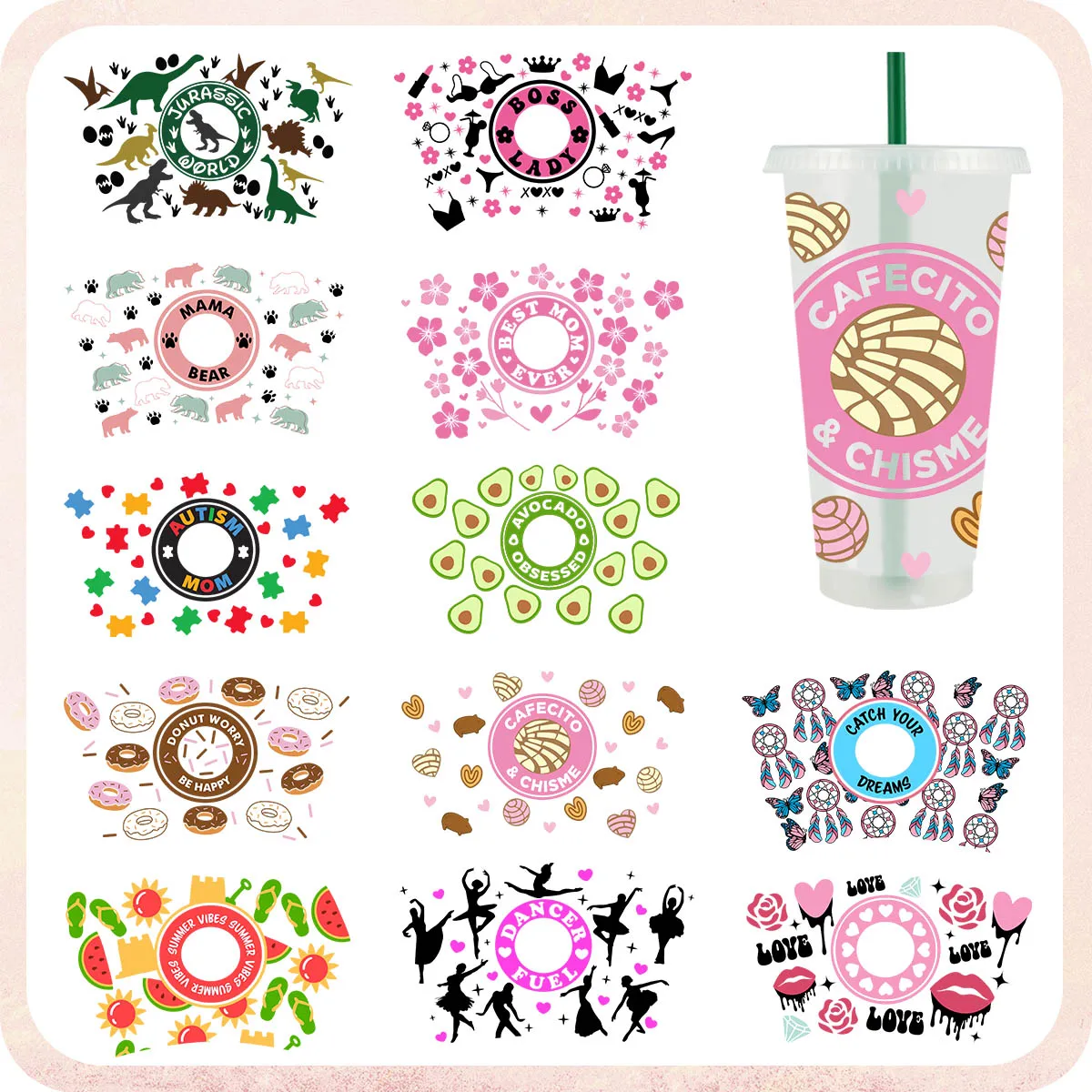 Factory Wholesale 24OZ Tumbler Cups 3D Stickers Uv Dtf Cup Wraps Transfers for Cold Cup Wrap