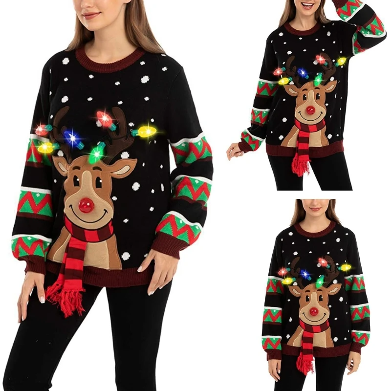 2025, neuer Damen-Pullover mit LED-Leuchten, Weihnachts-Cartoon, Rentier-Strickpullover