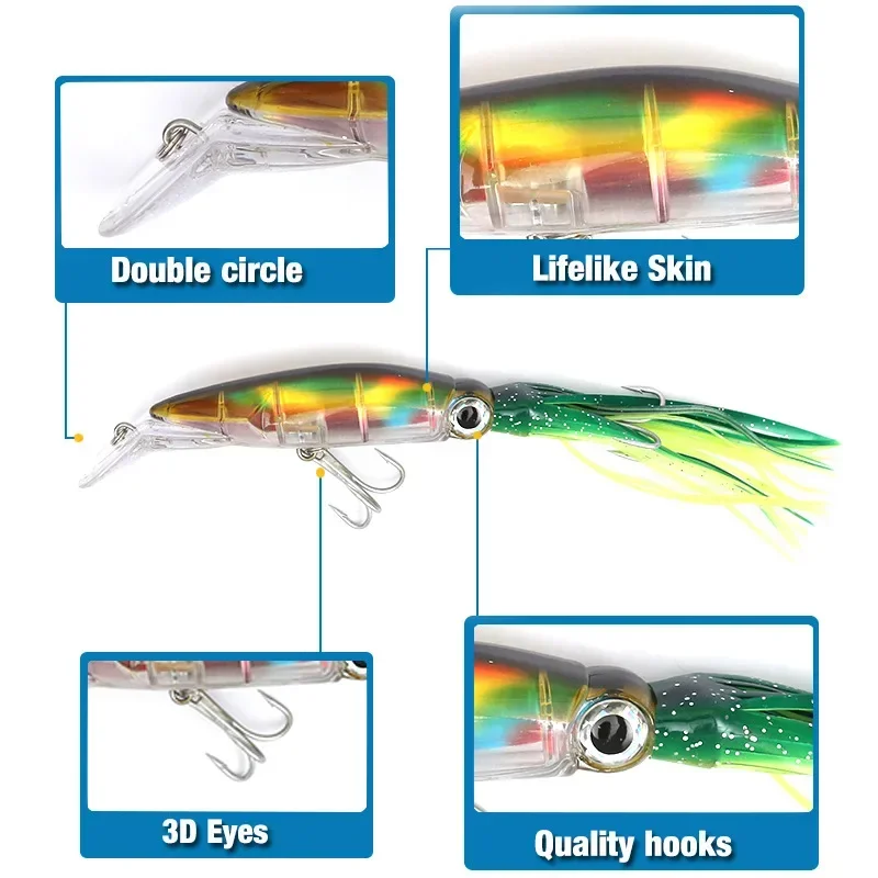 Large Simulation Squid Hard Fishing Lures Lifelike Octopus Swimbait with 2 Treble Hooks for Saltwater and Freshwater Fishing