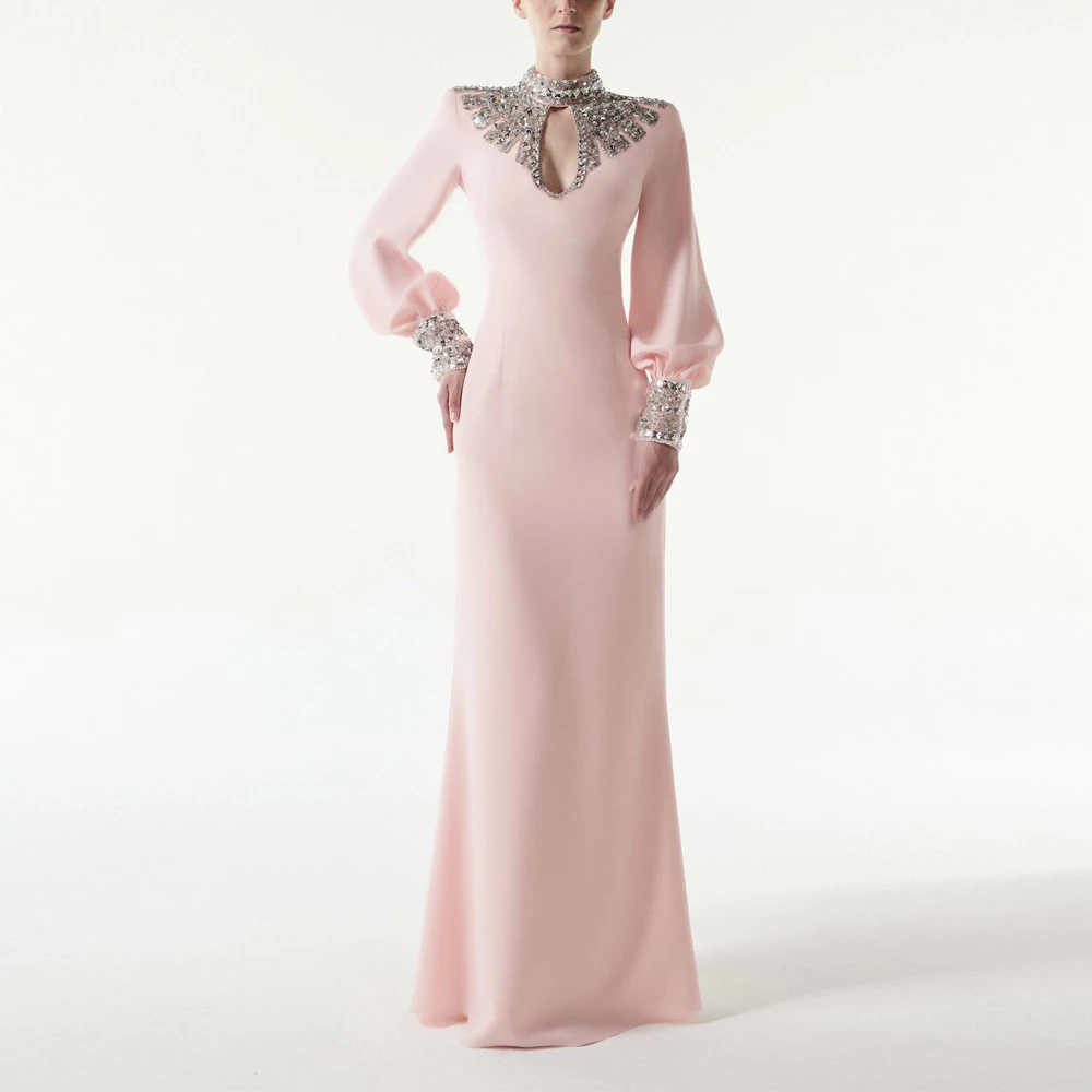 Customized Exquisite Jersey Mother of the Bride Dress High Collar Long Sleeves Evening Gown for Wedding Delicate Crystal Attire