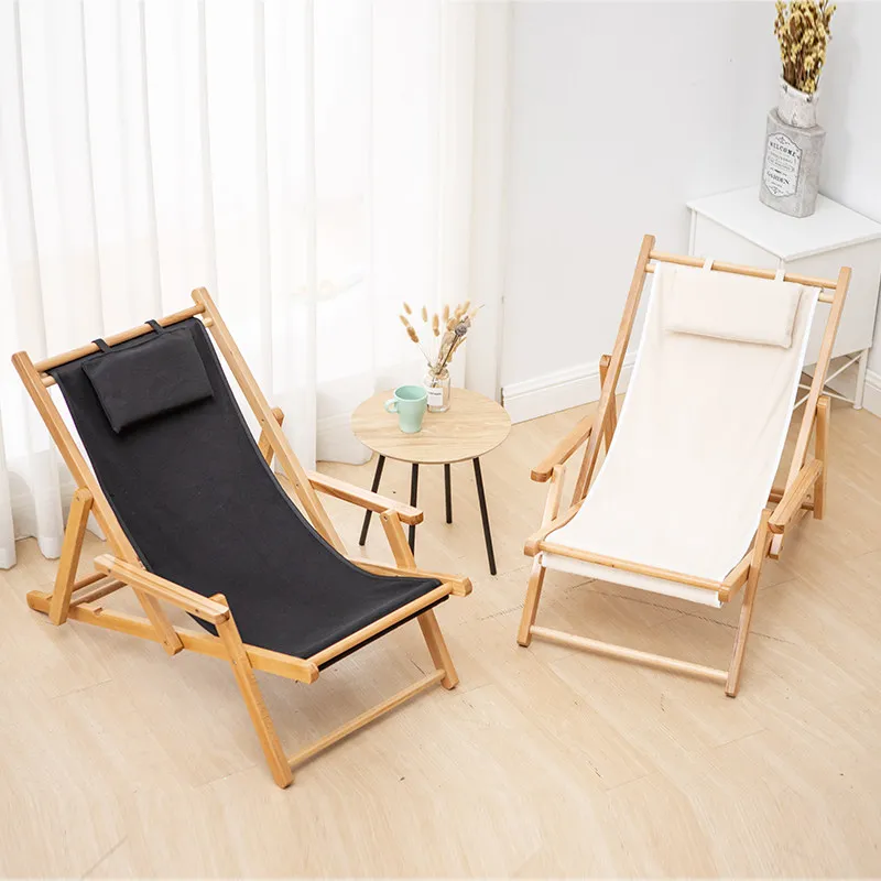Outdoor Solid Wood Portable Folding Chair Balcony Nap Lazy Home Recliner Garden Canvas Leisure Beach