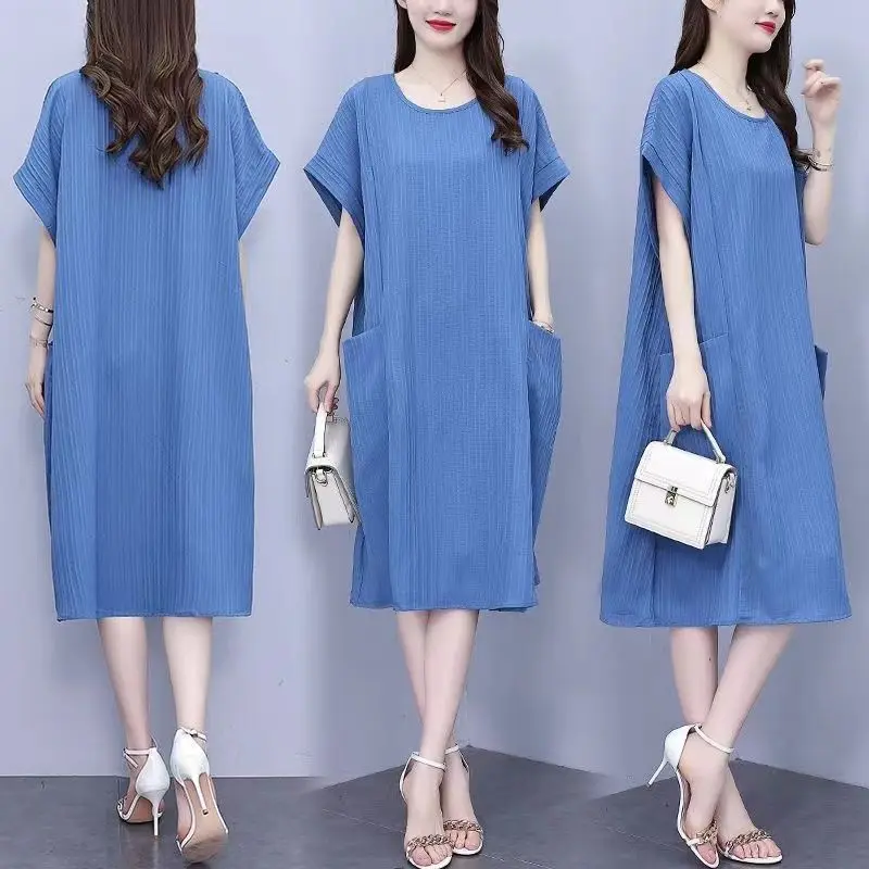 Tempérament d'été Patchwork couleur unie col rond manches courtes robes décontractées dames bureau dame poche t-shirt robe femmes vêtements