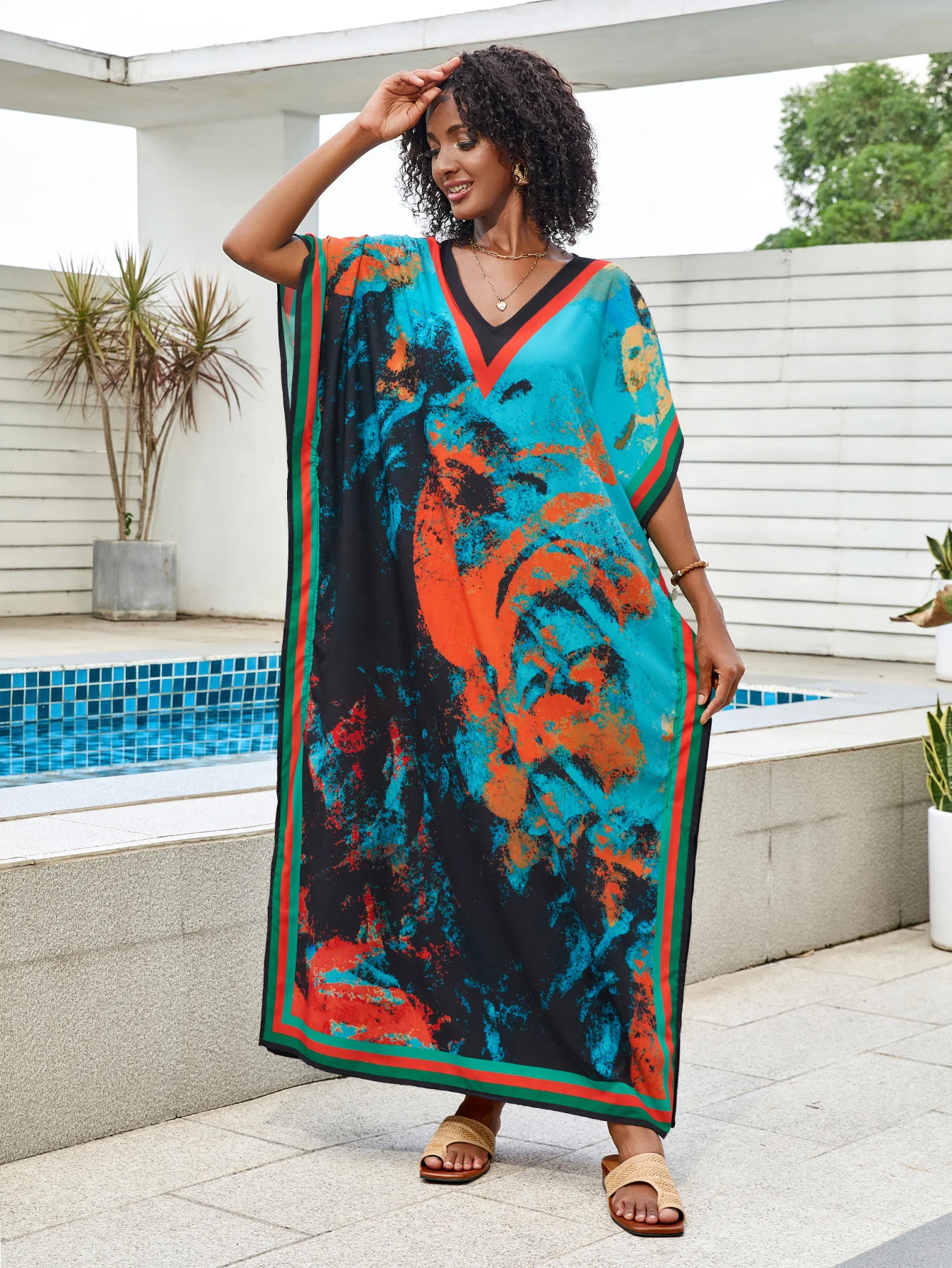 Ladies Loose Summer Rayon Print Kaftan Robe Beach Holiday Bikini Cover Up Casual Home Dress