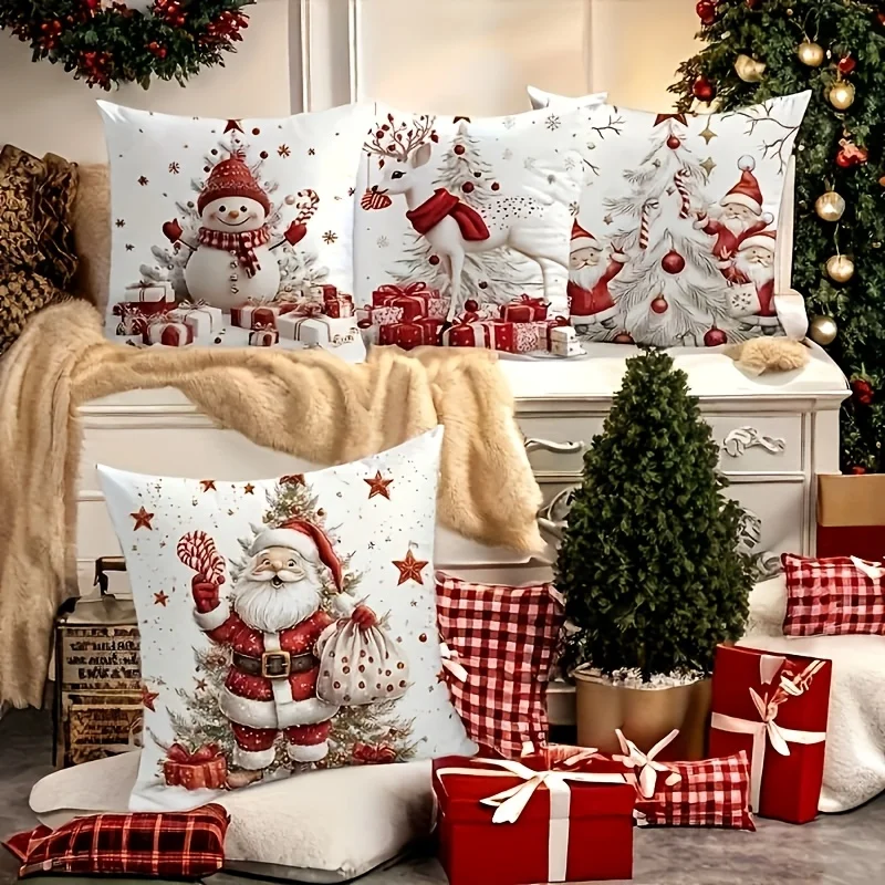 2D FLAT-1/4pcs Christmas Vintage Santa Snowman Pillow Covers Sofa chair farmhouse holiday decoration cushion cover