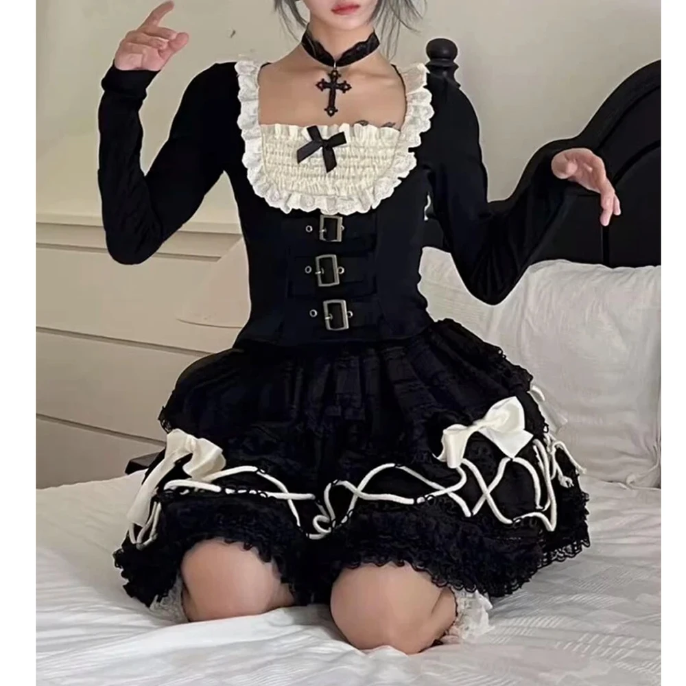 Gothic Lolita Cross Bow Lace Cake Skirt Harajuku Y2k Vintage Women Japanese Fairy Grunge Pleated Ball Gown Kawaii Mini Skirts