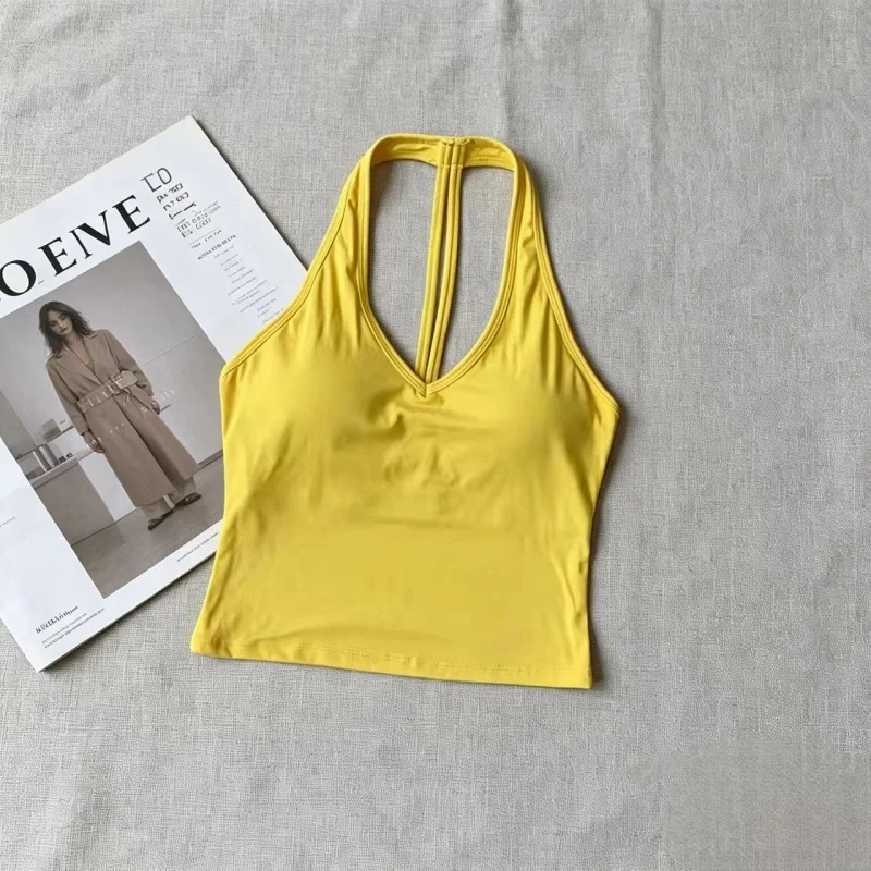 V‑Neck Halter T‑Back Yoga Tank Top for Women Shockproof Dopamine Color Athletic Workout Top Gym Yoga Studio Fitness