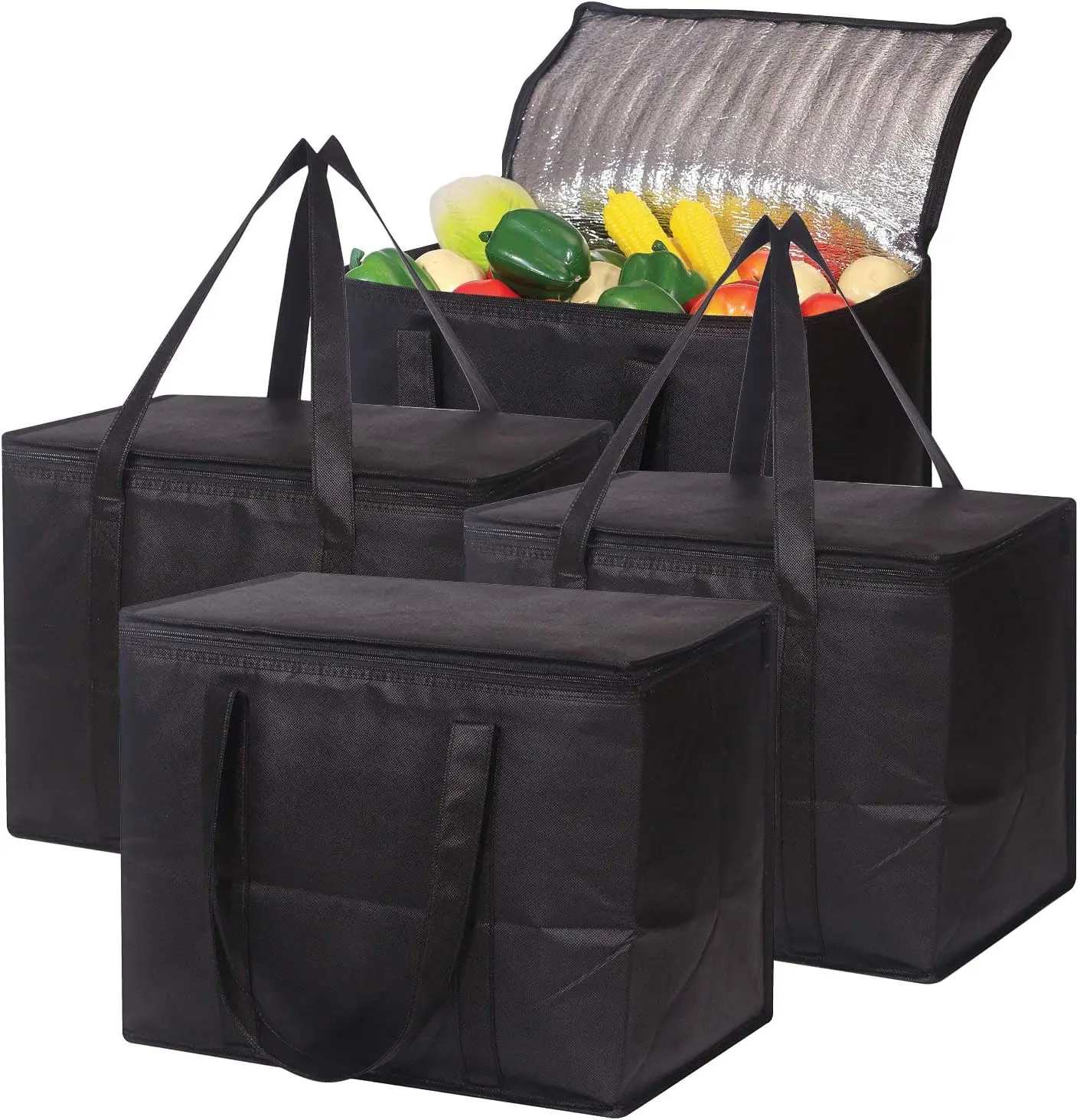 

Set of 4 Large Insulated Reusable Grocery Bags with Sturdy Zipper and Handles, Foldable Heavy Duty Cooler Totes for Hot or Cold