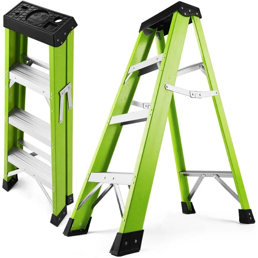 4 Feet Fiberglass Step Ladder, 500 LBS Load Capacity, Non-Conductive Safety Ladder with Wide Steps Non-Slip Rubber Feet, Heavy
