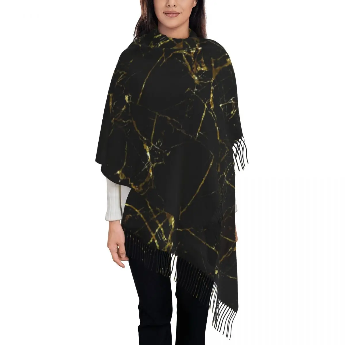 

Golden Marble Scarf Gold Bullion Print Keep Warm Shawls and Wraps with Tassel Men Women Casual Headwear Scarves Autumn Bufanda