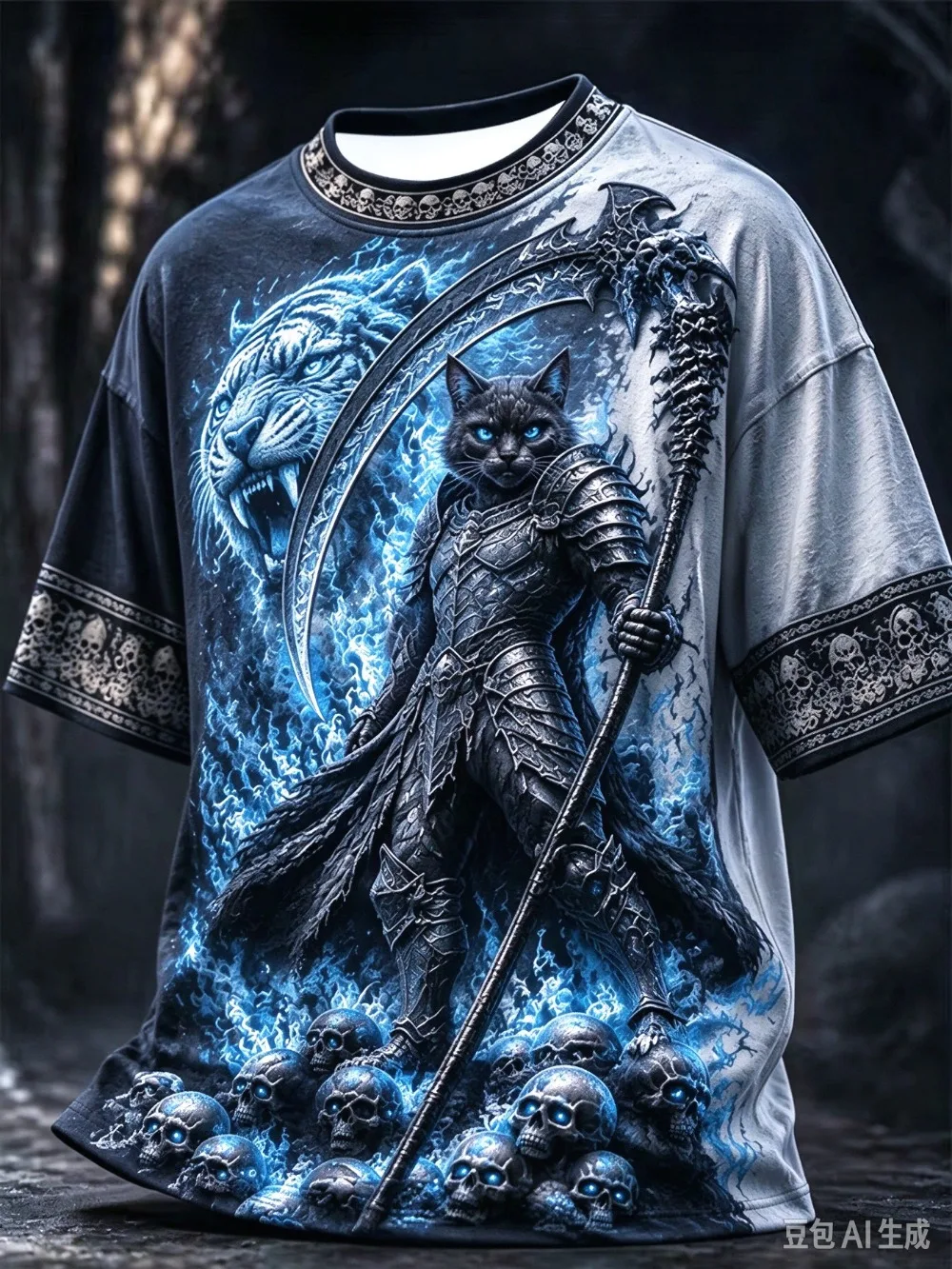 Dark Fantasy Cat Warrior 3D Printed Casual Street Punk Outdoor Sport Fitness Men Plus-size T-shirt Large Size parent-child Cloth