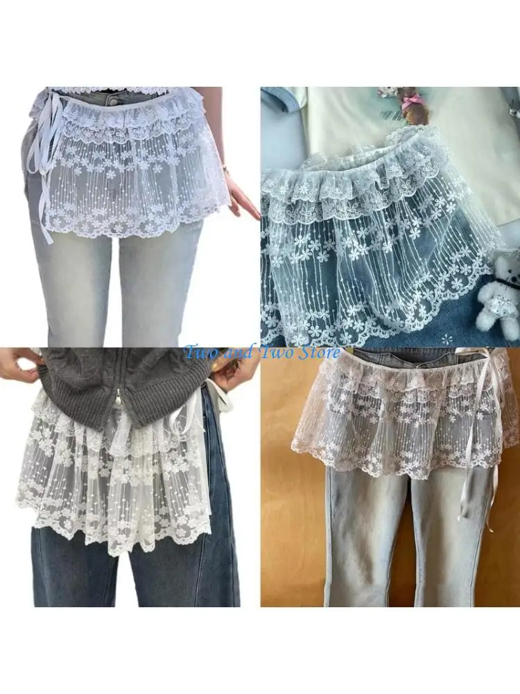 HX6F Aesthetic Flower Lace Mini Apron Skirt Tie Up Sheer Mesh Cover Up Wrap Skirts