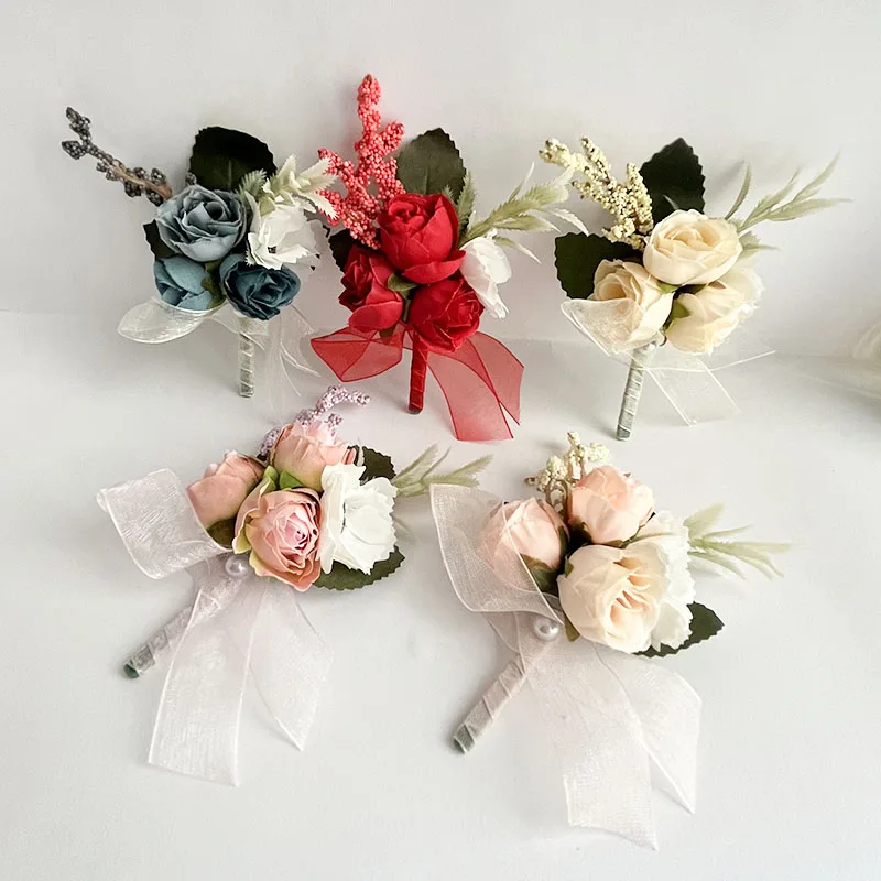 

Wedding Accessories Boutonniere Wrist Corsage Bride Bridesmaid Roses Artificial Buttonhole Flowers Mariage Party Suits Men Decor