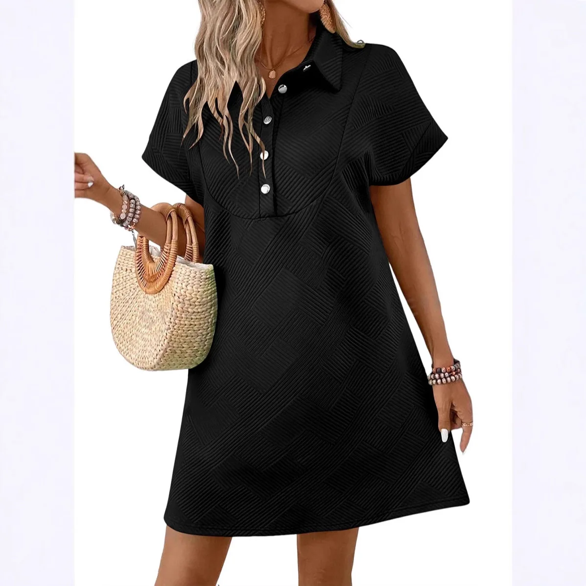 تنورة قصيرة كاجوال فضفاضة مع جيب بياقة مقلوبة وأكمام قصيرة فستان محبوك من ألياف البوليستر على شكل حرف A صورة ظلية مريحة.. #5