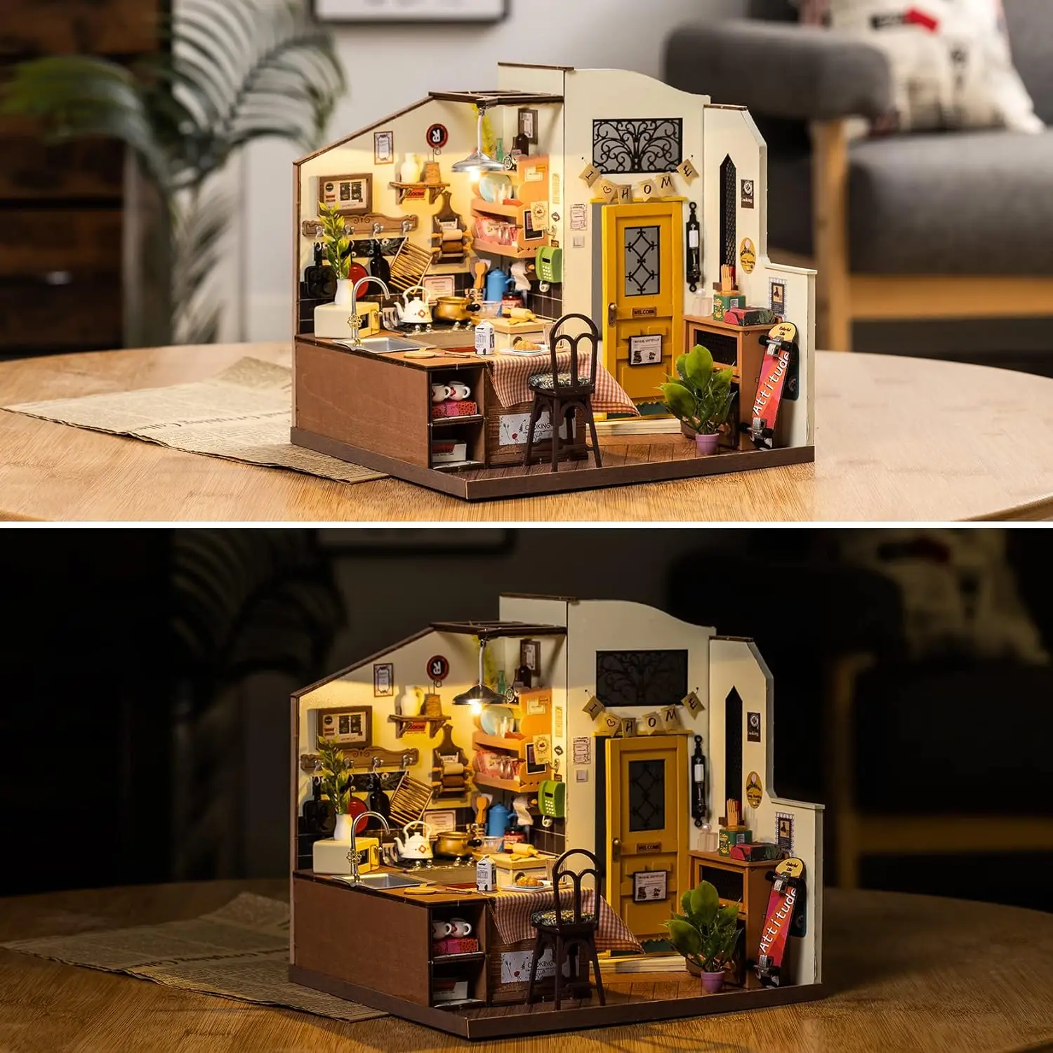 Robotime DIY Mini Dollhouse Miniature House Kit with Furniture Tiny Room Kit with LED Light for Kids Adults Cozy Kitchen