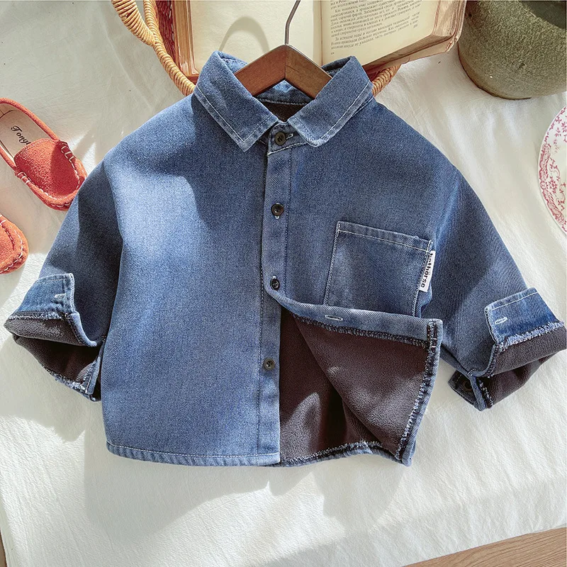 

Baby Boys Coat Children's Fleece Denim Jacket Autumn Warm Outerwear Kids Lapel Fashion Clothing New Spring Teens Tops 12M-5 Year