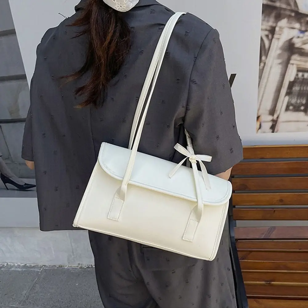 

Portable Solid Color Bow Ribbons Shoulder Bag Leisure Pu Leather Large Capacity Underarm Bag Sweet Y2k Women's Handbag Ladies
