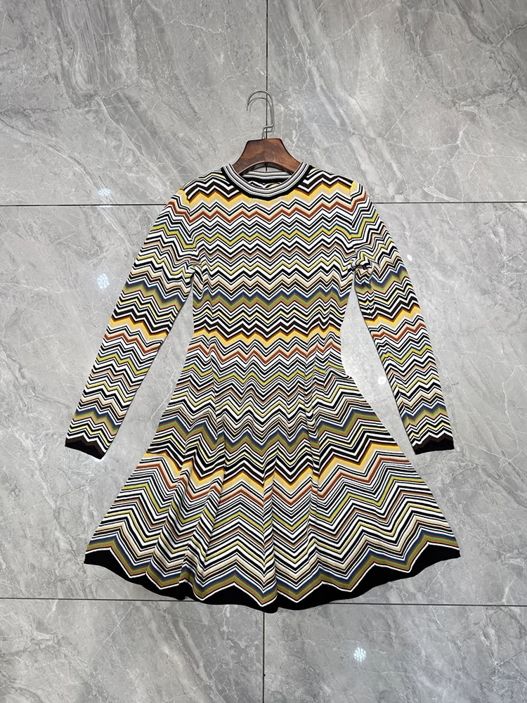 Spring Summer Fashion Vintage Zigzag Pattern Knitting Knee Length Dress Women's O-Neck Long Sleeve Slim A-Line Short Dresses
