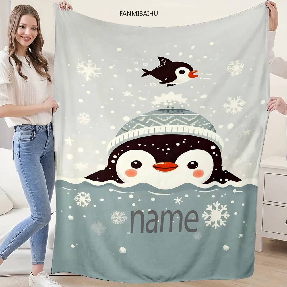 Personalisierte Pinguin-Flanell-Überwurfdecke – weiche Ganzjahresdecke mit niedlichem Cartoon-Pinguin- und Schneeflocken-Design, Machine Wa