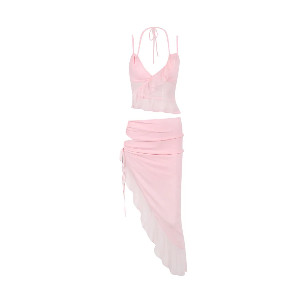 Abiti da ballo con spacco laterale rosa 2 pezzi Top senza maniche + gonna lunga Halter Neck See Through Party abito da sera Robe In Stock