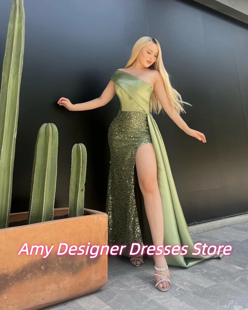 فستان سهرة أخضر فاتح بكتف واحد للإناث متألق مطرز بالترتر حورية البحر فساتين لحضور الحفلات الموسيقية بفتحة عالية رداء حفلات مخصص #3