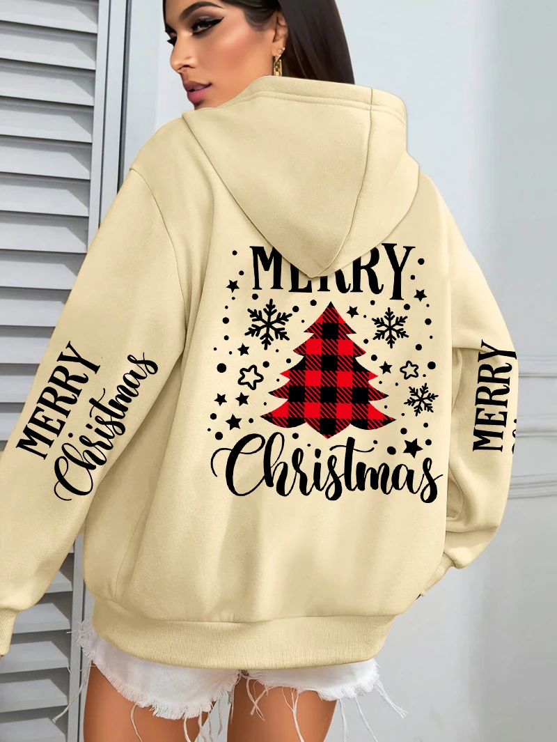 Merry Christmas Red Grid Tree Print Women Hoody Loose Comfortable Hoodie Casual Fleece Sportswear Y2K All-Match Pocket Hoodies