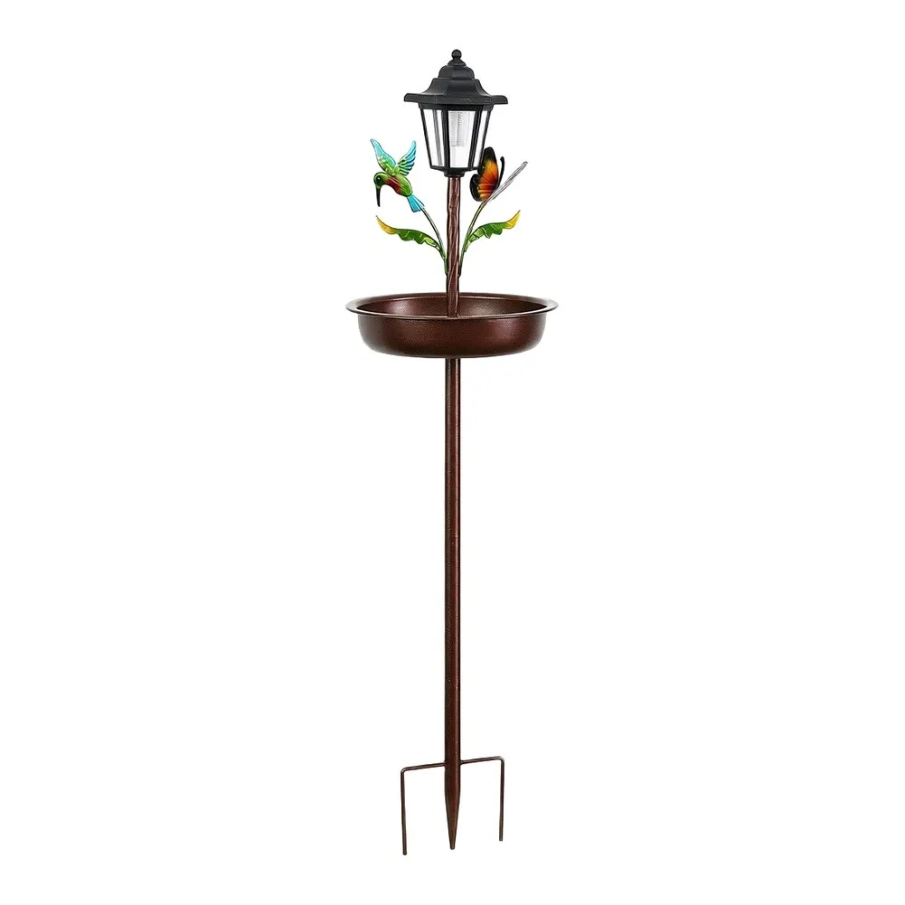 Solar Powered For Outdoor Bird Bath Stake with Lantern Glow and Sculpted Bird Accents for Landscape Decoration