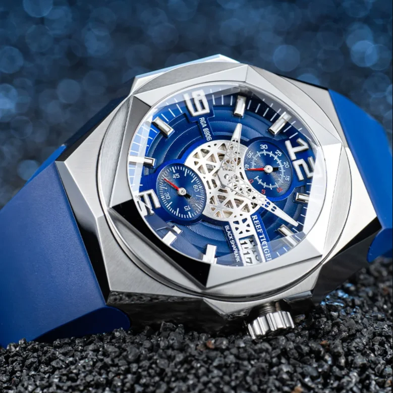 

Мужские автоматические часы Reef Tiger, 43 мм, механические наручные часы, светящийся скелетон, башня, кран, циферблат, шестиугольный безель, резиновый ремешок