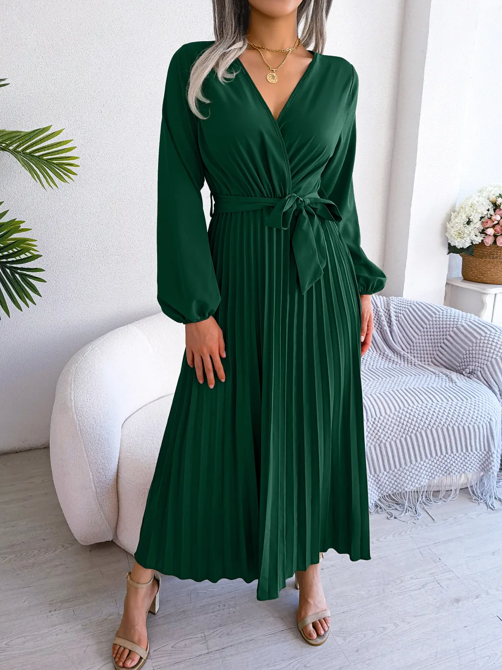 Elegant Lace Up Pleated Long Dress Women Cross V-Neck Long Sleeve High Waist Slim Swing Maxi Dresses Simple Solid Party Vestido