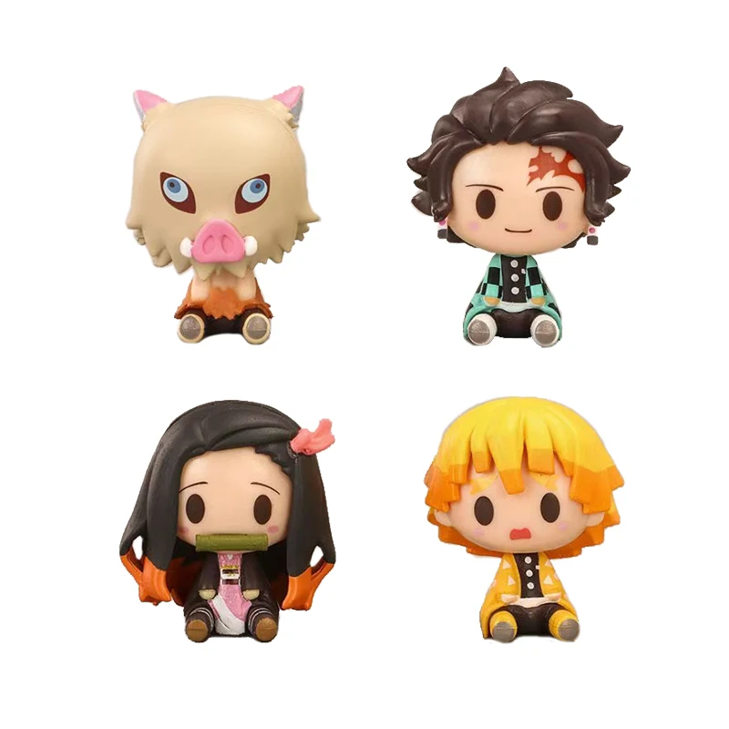 4 peças anime assassino do diabo q-versão nezuko tanjirou zenitsu inosuke mini boneca kawaii ação boneca pvc brinquedo