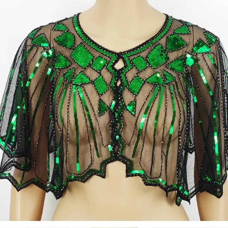 

652F Delicate Sequins Adorned Capelet Shoulder Wrap Breathable Mesh Fabric Scarf Shawl With Intricated Beadwork Design