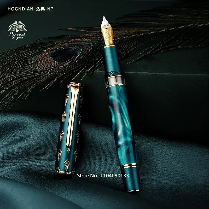 Hongdian N7 Resin Piston Fountain Pen Beautiful Green / Gray Peacock Totem Cap EF/F 0.4/0.5mm Smooth Writing Office New Ink Pen