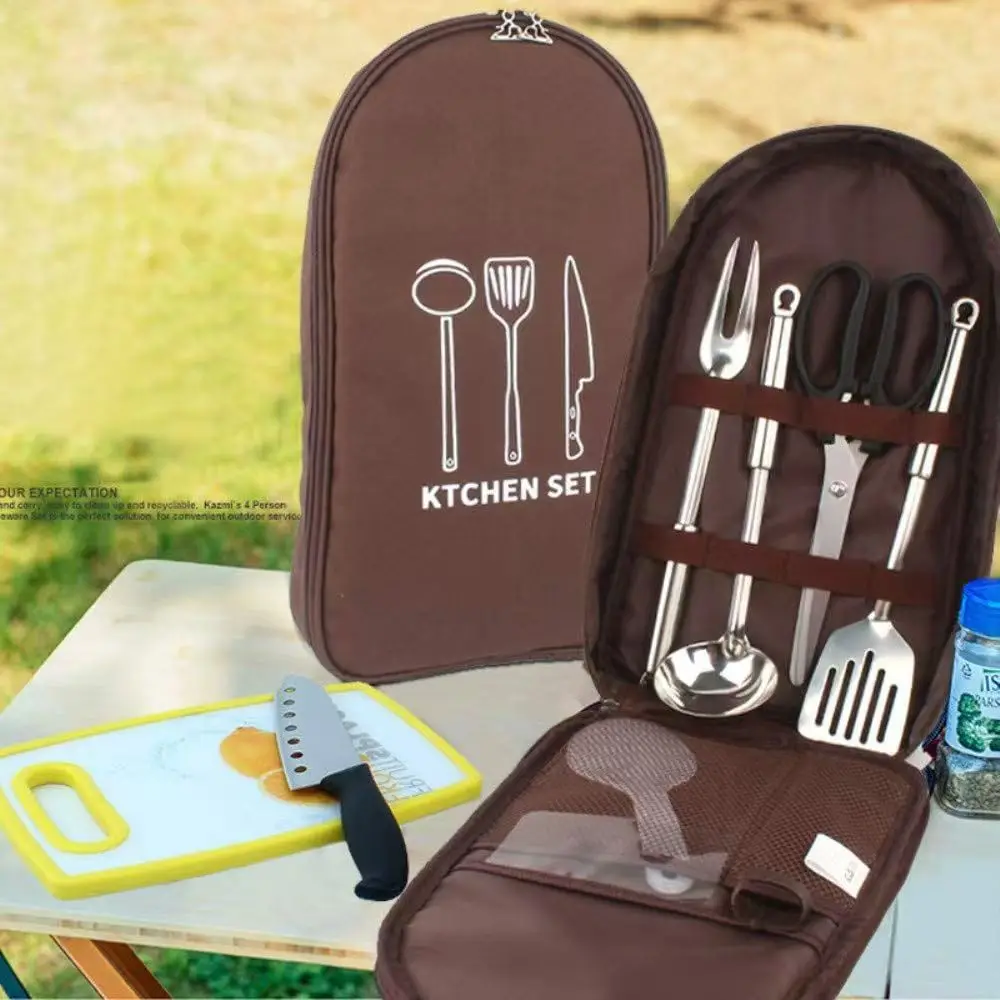 

Outdoor Cookware Storage Bag Layered Storage Design Picnic Utensil Organizer Waterproof Nylon Cookware Pouch Oxford Storage Bag