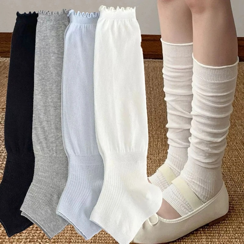 1/3pairs Lolita Thin Ruffled Edge Cotton Slouch Leg Warmers Women Lolita Cos JK Style Ballet Solid Calf Stirrup Knee High Socks