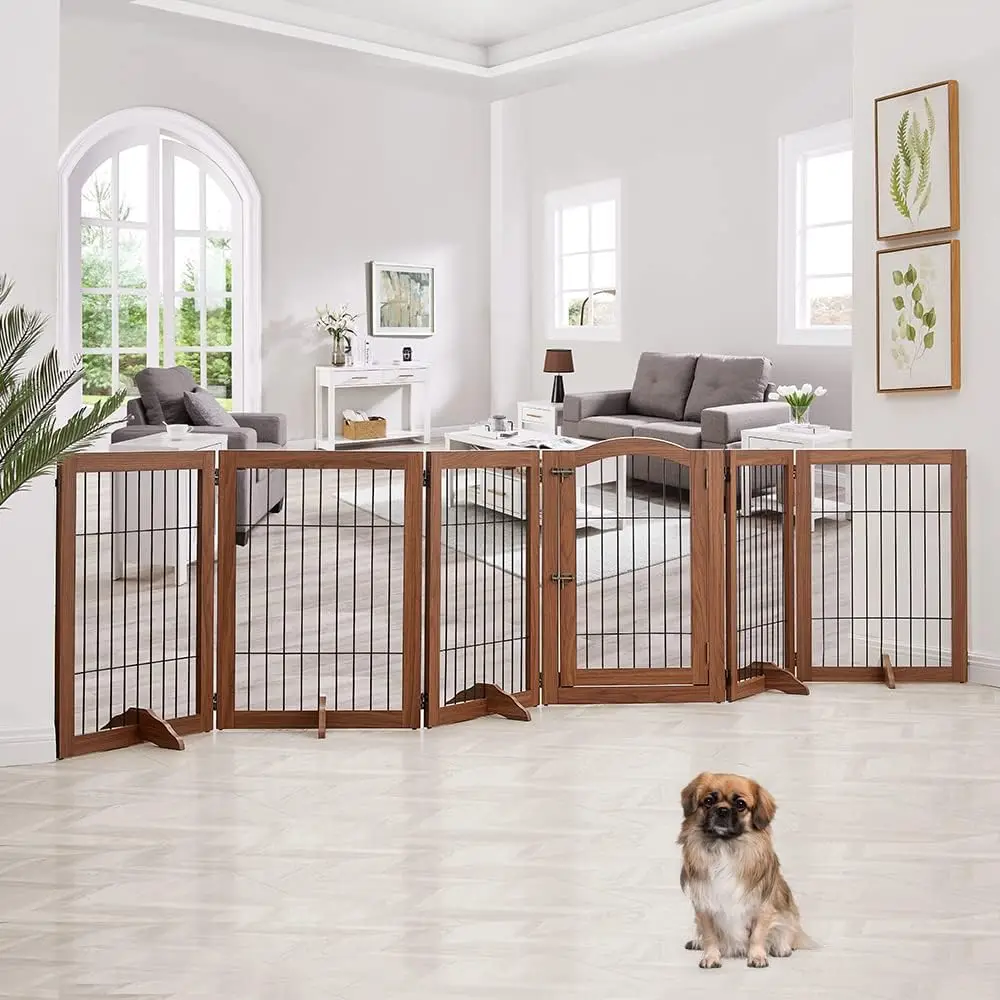 Beenbkks Extra Wide Pet Gate, 6 Panels Freestanding Dog Gate With Walk Through Door And 5 Support Feet, Foldable Pet Barrier