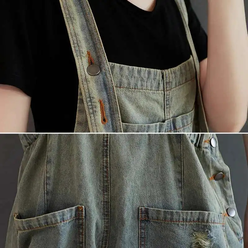 #1415 Vintage Jeans Jumpsuit Women Backless Spaghetti Strap Long Jumpsuit Ladies Multi-pockets Wide Leg Jeans Jumpsuit Femme