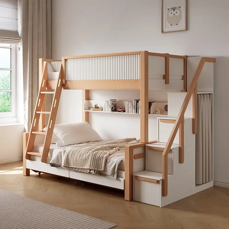 for Children Solid Wood Bunk Bed High Low Siblings Two Layer Mother Child Bed with Ladder Cabinet Simple Upper Lower