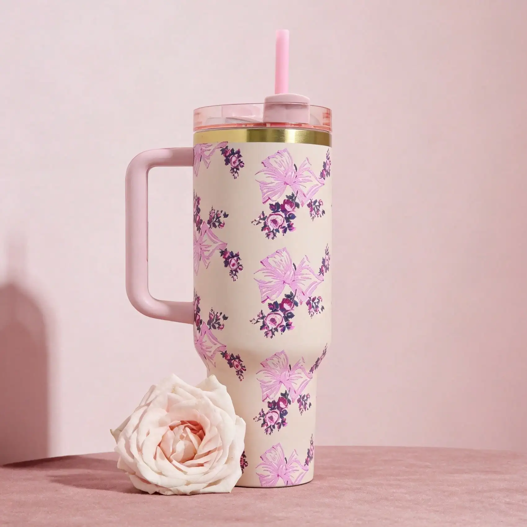 40oz Floral Bow Print Stainless Steel Water Tumbler With Handle & Flip Lid, Double Wall Insulated Leakproof Travel Cup