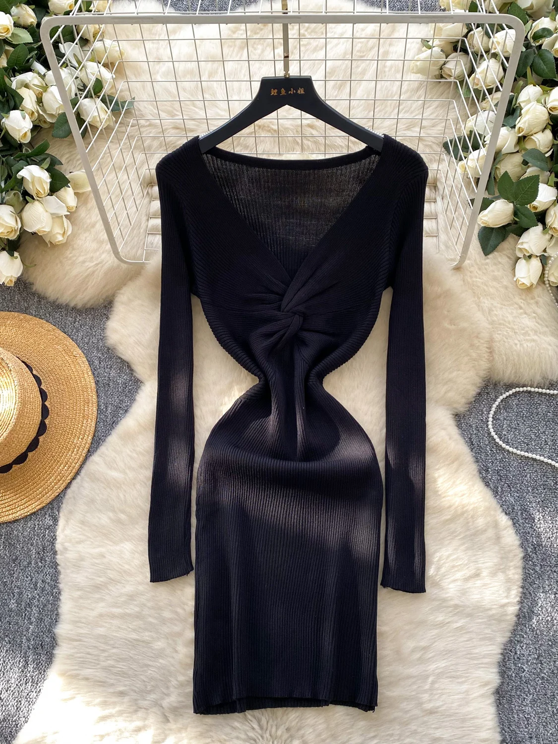 Slim Fit Long Sve V Ne Knitted Dr Wrap Waist High Waist a Line Skirt for Women Autumn Winter Faion Ci Commute