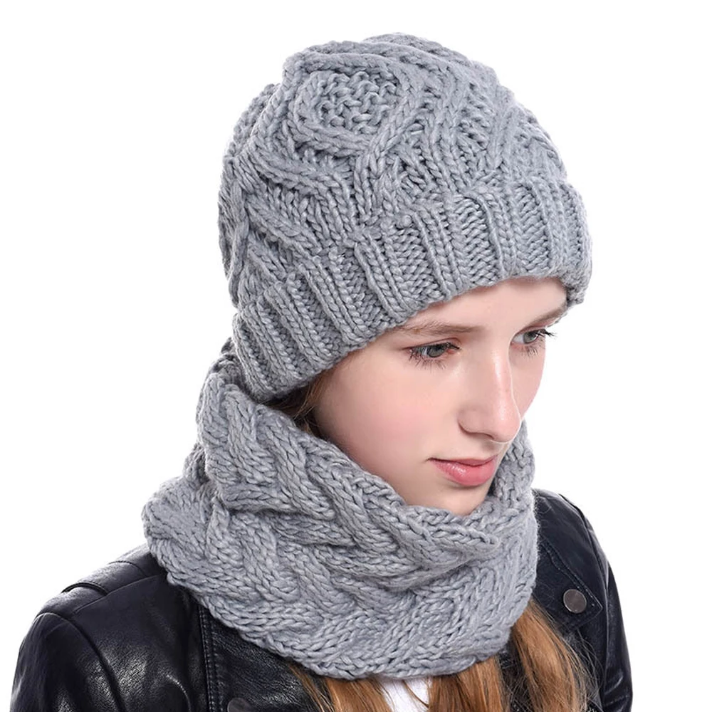 Women Winter Hat Scarf Set Solid Color Twist Knitted Winter Beanie Women Hat Snood Set