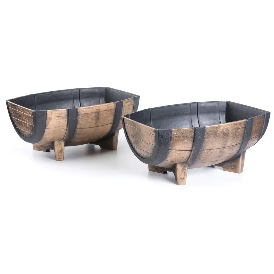 

2Piece Rectangular Half Barrel Flower Pots Rustic Farmhouse Style Faux Wood Planter Containers for Indoor amp Outdoor Use Perfec
