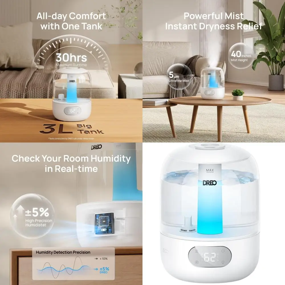 

Ультразвуковой увлажнитель воздуха 3L с верхней заливкой, датчиком влажности, 30 часами работы и уровнем шума 26 дБ, идеально подходит для больших помещений, с ночником