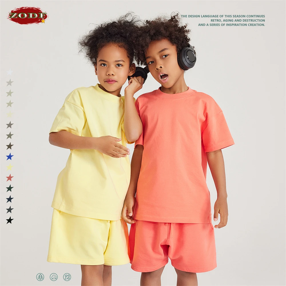 ZODF Kids 2023 Summer 305gsm Cotton Solid T Shirt Boys Girls Children Drop Shoulder Loose FG T-shirts Tees Streetwears KH0001