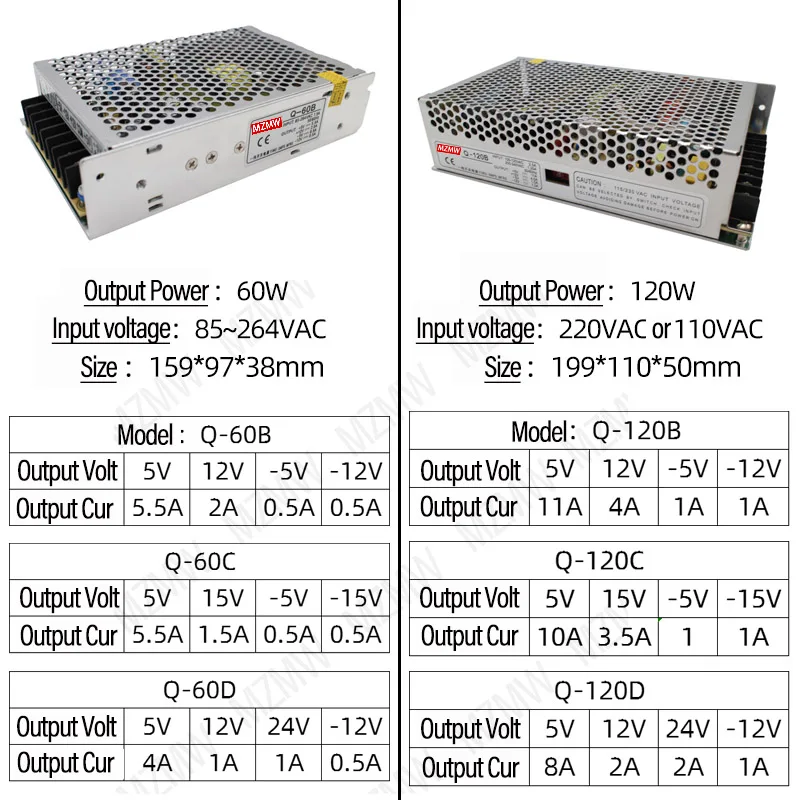 MZMW 60W Quad Output Power Supply 5V 12V 24V -5V -12V Four Way AC to DC SMPS Q-60B Q-60C Q-60D For Led Strip Driver Transformer