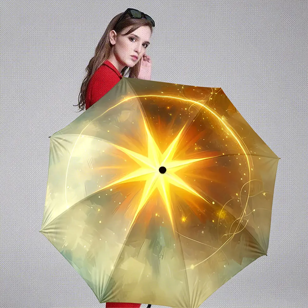 Golden Starburst with Abstract Swirls on Gradient Background Umbrella Portable Folding Umbrella, Gift for Family And Friends